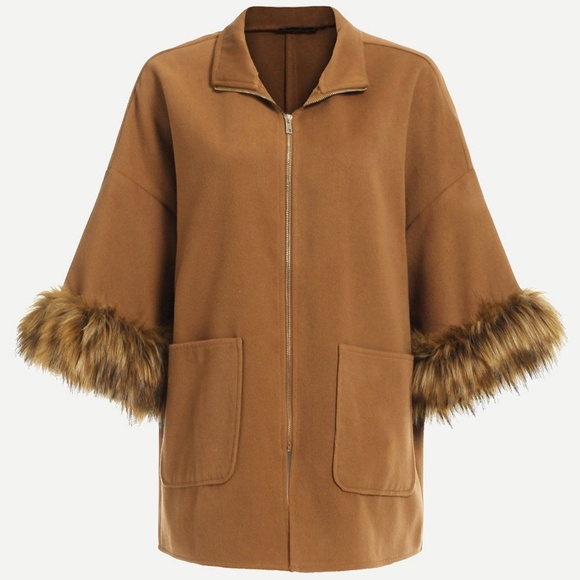 Boho Faux Fur Camel Coat Jacket - Picture 7 of 9